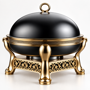 Plat à réchaud rond de luxe en acier inoxydable noir et or avec couvercle en dôme et support décoratif - Product Image 4