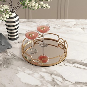 Round <b>Mirrored</b> Storage <b>Tray</b> With Gold Metal Frame Modern Luxury Design For Table Use - Product Image 4