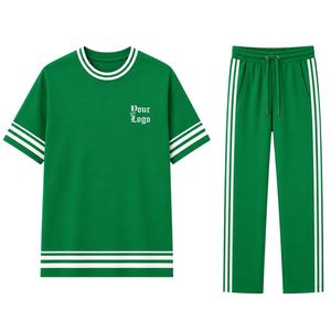 Green And <b>White</b> Women Short Sleeve T Shirt And Straight Leg Pants Lounge <b>Set</b> Custom Casual Two <b>Piece</b> Outfit With Contrast Stripe - Product Image 1