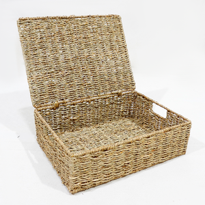 Handwoven Seagrass <b>Storage</b> <b>Basket</b> with Lid <b>Rectangular</b> Natural Woven Organizer for Bathroom Bedroom Kitchen Home Office - Product Image 4