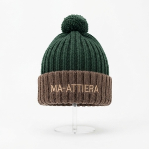 Custom <b>Green</b> Brown Pom Pom Cuffed Knit <b>Beanie</b> Hat Winter Warm Skull Cap With Logo - Product Image 1