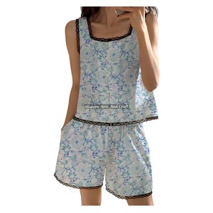 Excellent Quality Print Hand Block Print Lace <b>Trim</b> Shorts Pajama Set Cotton Spring/Summer Floral Sleeveless Pj Set Block Printed - Product Image 3