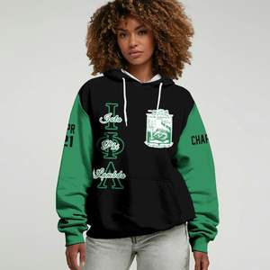 Sweat-shirt à capuche personnalisé de la sororité Iota Phi Lambda, corps noir, manches vert émeraude, lettres grecques - Product Image 1