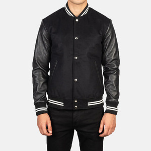 Chaqueta Varsity Negra para Hombre con Mangas de Cuero PU y Logotipo Estampado en la Parte Delantera, Cuello Camisero, Ropa Casual de Otoño - Product Image 5