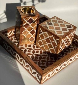 ILAHI's Indian Handmade <b>Bone</b> Horn Wood Pine Wood Black Inlay All-<b>Season</b> Aromatic Incense Burner Box and Tray Set - Product Image 6