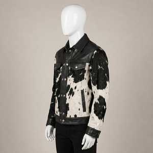 Veste de motard en cuir véritable pour homme, motif vachette, col rabattu, fermeture boutonnée, coupe classique, doublure en fausse fourrure épaisse pour l'hiver - Product Image 4