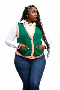 Women's Green Knit Sleeveless <b>Cardigan</b> Contrast Color <b>Button</b> Front V-Neck Casual Top Regular Length Solid Pattern - Product Image 4