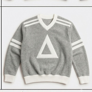 Pull en tricot gris pour homme à col en V avec applique triangulaire blanche, coupe classique, vêtement décontracté d'automne - Product Image 1