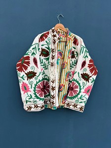 Handcrafted Suzani Embroidery Cotton <b>Jacket</b> Vibrant Reversible Floral Quilted Winter Blazer Open-Front Winter Blazer - Product Image 1