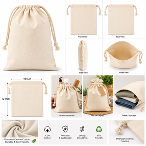 Simple 100% Cotton <b>Canvas</b> <b>Drawstring</b> <b>Bag</b> Medium Eco-Friendly Reusable Daily Use Shopping Custom Logo - Product Image 3