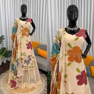 Conjunto de Traje Festivo Beige con Bordado Floral para Mujer |   Conjunto de Kurta, Palazzo y Dupatta de Organza |   Traje Étnico para Bodas y Fiestas - Product Image 5