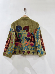 Wholesale <b>Women</b> Olive Green <b>Velvet</b> Jacket Hand Embroidered Vintage Ethnic Boho Open Front <b>Coat</b> Short Casual Winter Outerwear - Product Image 2