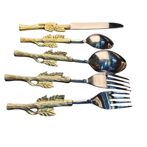 Juego de Cubiertos de Acero Inoxidable con Mango de Rama y Hojas Doradas Rústicas, Servidores de Ensalada y Utensilios de Buffet Decorativos Inspirados en la Naturaleza - Product Image 1