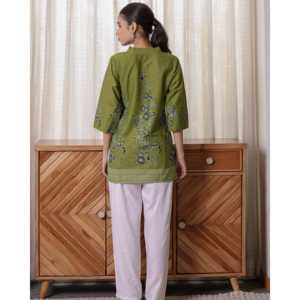 Ensemble de hauts Kurta pour femmes, vert, court, col en V, tissu tissé respirant, modeste - Product Image 2