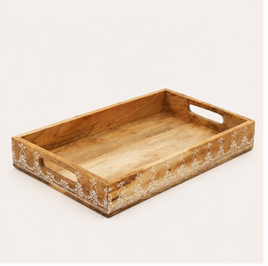 Bandeja de servir hecha a mano de madera de mango tallada con motivos florales, con asas, estilo rústico, para mesa de café, para el hogar y restaurantes. - Product Image 3