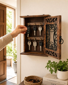 Rustic Wooden Wall Mounted <b>Key</b> <b>Holder</b> Cabinet Decorative <b>Key</b> Organizer with Metal Grill Door Entryway Storage <b>Home</b> Decor - Product Image 2