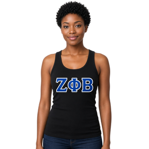 Débardeur Zeta Phi Beta pour femme, noir côtelé, dos nageur, avec applique lettre grecque en sergé bleu roi ZOB, sans manches, ajusté, pour sororité - Product Image 1