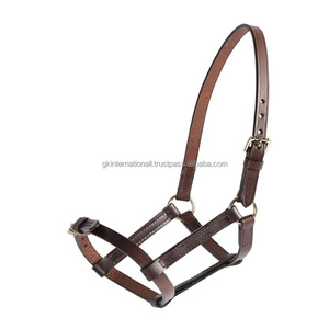 Licou en cuir uni marron Double couture Licou de cheval marron Havana de haute qualité avec accessoires en laiton réglables - Product Image 1