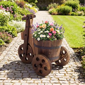 Fioriera Rialzata in Legno Stile Rustico e Fioriera Decorativa in WPC con Carrello Porta Piante da Patio Rinforzato con Nastro Metallico - Product Image 3