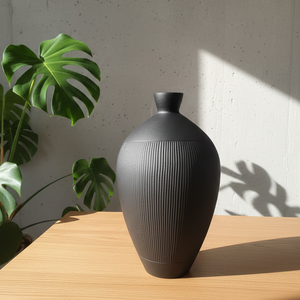 Luxury Ribbed <b>Matte</b> Black Metal Flower Vase Elegant Handcrafted Modern Home Decor <b>Table</b> Centerpiece Single Unit Only - Product Image 3