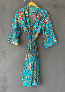 Bata tipo kimono larga con cuello en V de algodón con estampado floral para mujer, bata de baño holgada de manga larga, ropa de casa suave, transpirable y ligera - Product Image 1
