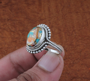 Vintage Style Spiny Oyster Copper <b>Turquoise</b> Silver <b>Ring</b> Unique Multi-Color Gemstone Jewelry Antique Finish 925 Silver Boho <b>Ring</b> - Product Image 6