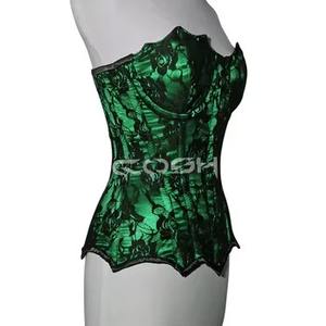 Corset élégant en satin vert de luxe avec garniture et détails floraux en maille noire - Product Image 4