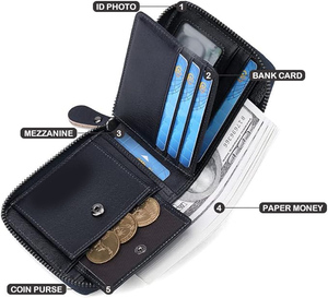 กระเป๋าสตางค์แบบพับสองตอนสีเทาอมฟ้า ขายส่ง OEM คุณภาพสูง หนังแท้ รับทำโลโก้ ขนาดสั้น ใส่บัตรได้หลายใบ MOQ ต่ำ - Product Image 4