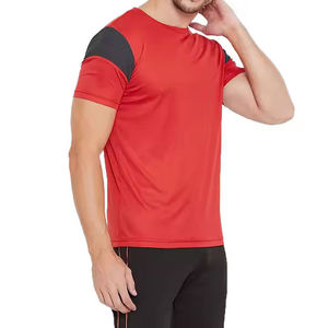 <b>Red</b> <b>Men's</b> Sporty Short Sleeve T-<b>Shirt</b> With <b>Black</b> Shoulder Panels Round Neck Solid Color Athletic Wear NeedChang This - Product Image 5