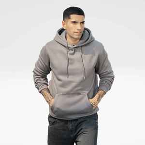Men's Gray Hooded Sweatshirt Regular Fit Cotton Fleece Casual Pullover With Pocket Autumn Wear - Product Image 4