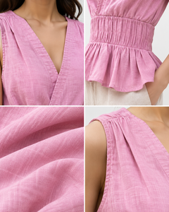 Proveedor OEM al por mayor: Blusa sin mangas elegante rosa con cuello en V de algodón y lino tejido para mujer, con cintura fruncida y dobladillo con volantes, estilo casual. - Product Image 6