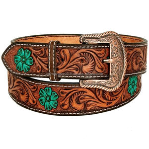 Ceinture en cuir usinée personnalisée, design floral turquoise, sculptée à la main, ceinture d'outillage en cuir occidental pour hommes, boucle de créateur - Product Image 4
