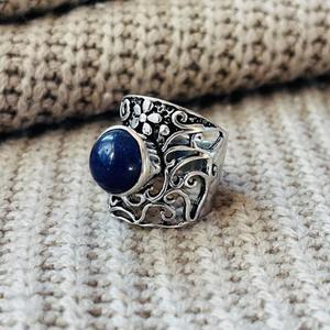 Boho <b>Lapis</b> <b>Lazuli</b> Brass Filigree <b>Ring</b> oxidized Silver Plated Floral Wholesale <b>Ring</b> For Women - Product Image 4