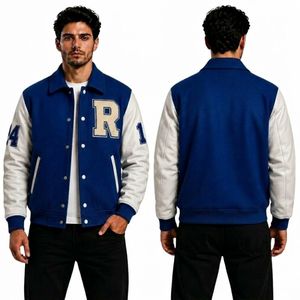 Chaqueta Letterman Estilo Béisbol, 100% Lana, Mangas en Contraste, Cuello Camisero, Color Azul Rey y Blanco, Ropa Deportiva - Product Image 1