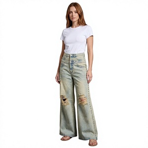 Logo personnalisé pour hommes Baggy Jeans coupe ample taille haute délavé à l'acide Vintage jambes larges en détresse Pantalon en denim - Product Image 1