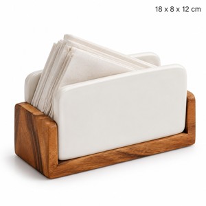 Porte-serviettes en céramique avec support en bois d'acacia |   Distributeur de table en gros - Product Image 1