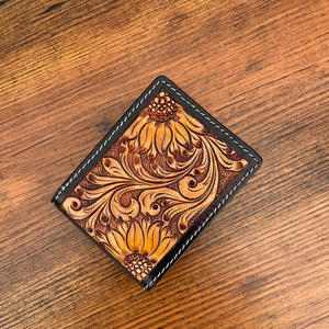 Cartera de cuero hecha a mano, tarjetero plegable con diseño de girasol Floral de cuero auténtico occidental Vintage para hombre - Product Image 4