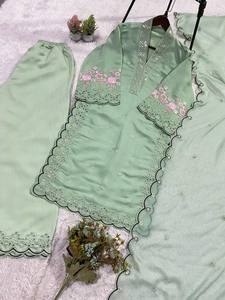 Conjunto de 3 Piezas de Kurta Recta Verde Menta de Moda, Traje Indio Pakistaní para Fiestas, Salwar Kameez de Algodón y Seda, Estilo Casual - Product Image 6