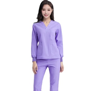 Nuevo estilo de manga larga Scrub Set enfermera ropa de trabajo Scrubs uniformes de enfermería cuello en V mujeres hombres Color sólido médico traje de trabajo barato - Product Image 4
