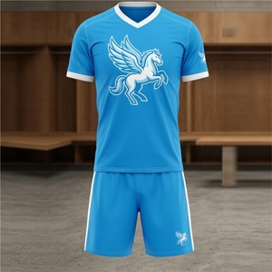 MRI Made Blue V-Neck <b>Soccer</b> Jersey Short Set with Pegasus Print Moisture Wicking Polyester Men's Adult Sports Uniform All Season - Product Image 6