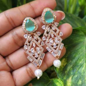 Aqua Green Rose Gold Bridal Choker with Pearl and Zircon - Product Image 1