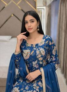 Conjunto de Kurta Azul Marino con Estampado Floral y Adornos Dorados para Mujer, Estilo Tradicional Indio-Pakistaní, Largo hasta el Suelo, para Todas las Temporadas - Product Image 3