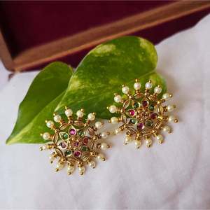 Gold Plated Vintage Stud Earrings with Imitation Pearl and Diamond Accents - Product Image 1