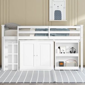 Letto a soppalco singolo in legno di gomma resistente con armadio contenitore e scrivania estraibile, dotato di ringhiera di sicurezza, ideale per ville o palestre - Product Image 3