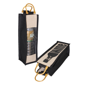 Sac à vin en jute et coton imperméable avec poignée en canne, fenêtre frontale en PP laminé, sac à vin pour une bouteille en Juco - Product Image 3