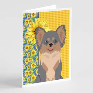 Summer Sunflowers Chihuahua Tarjetas de felicitación Pack 8 Longhaired Blue Tan Whimsical A7 Tamaño 5x7 Tarjetas de notas en blanco con sobres - Product Image 1