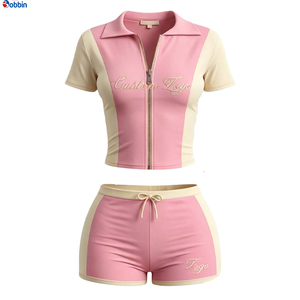 Conjunto deportivo de 2 piezas para mujer, en bloques de color rosa y beige, de moda y gran venta, con top de manga corta con cremallera y logotipo bordado. - Product Image 1