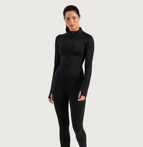 Women's <b>Black</b> Full <b>Sleeve</b> Stand Neck Zipper Front Yoga <b>Top</b> Solid Color Seamless Active Sportswear <b>Long</b> <b>Sleeve</b> Stretchy Jacket - Product Image 2