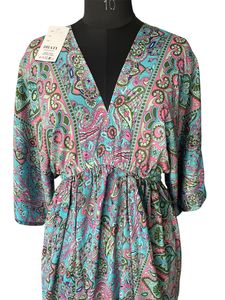 Robe mi-longue DHATI à imprimé floral bohème, col en V, manches trois quarts, coupe ample, taille élastique, 100% soie chiffon, décontractée pour l'été - Product Image 3