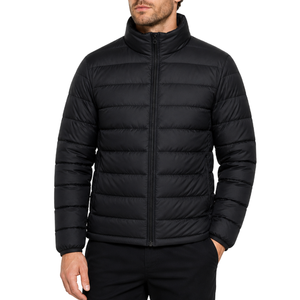 Veste matelassée classique pour homme, best-seller, noire, coupe ajustée, hiver, fermeture éclair intégrale, col montant, pliable. - Product Image 1